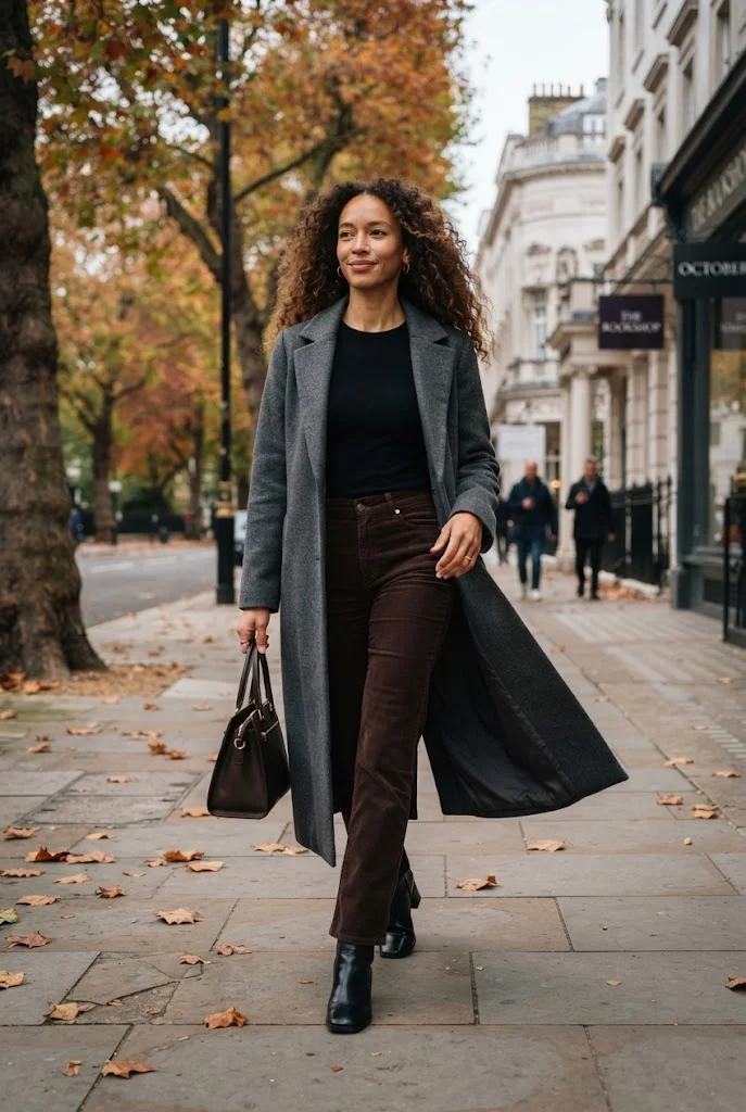 Chocolate corduroy trousers with a long gray wool coat and black ankle boots.