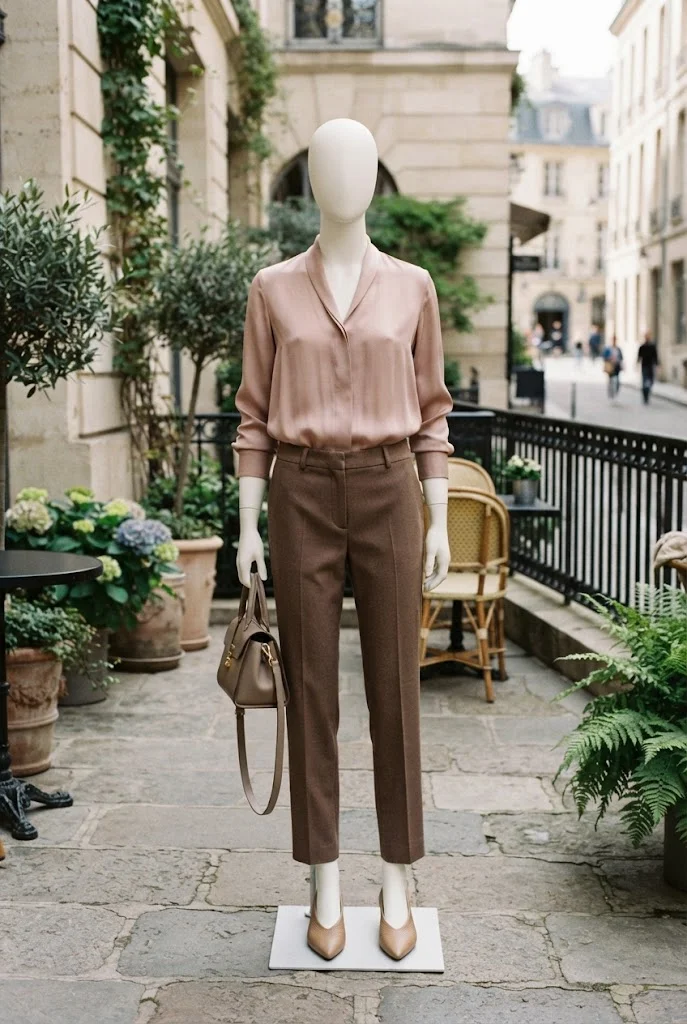 Cocoa-brown tailored trousers paired with a dusty pink blouse and beige pointed-toe flats.