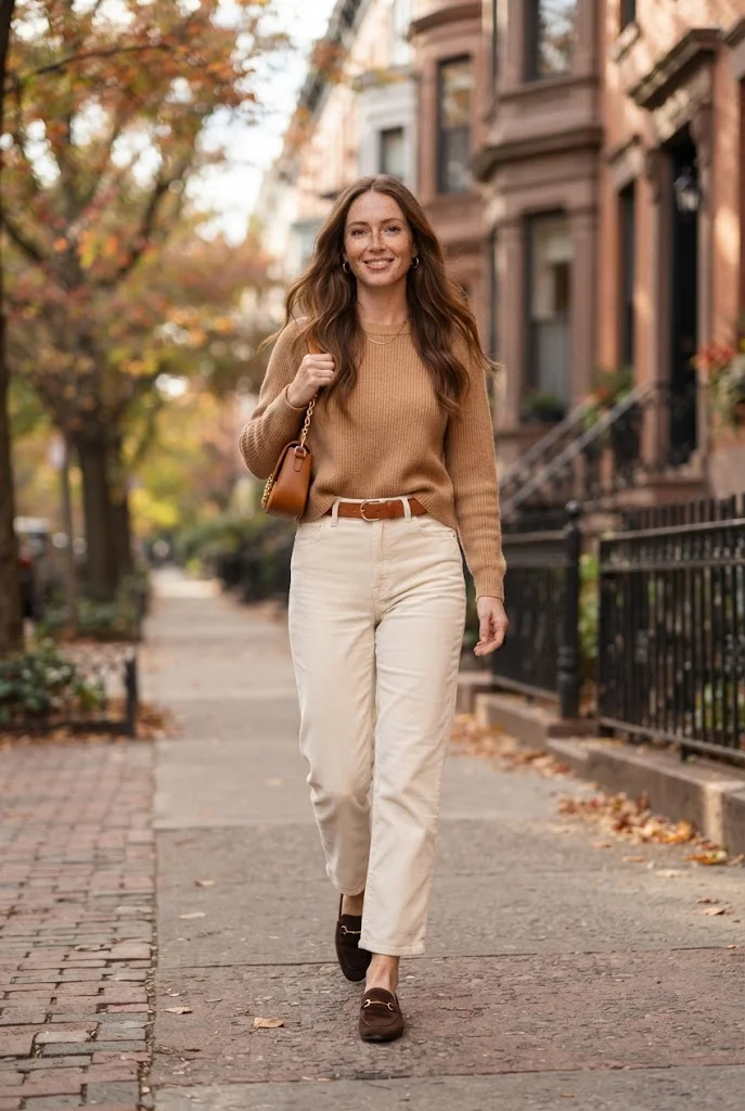 Cream corduroy pants with a camel sweater and dark brown loafers.
