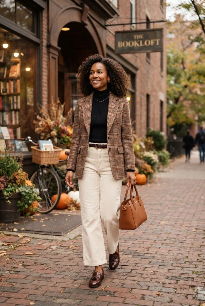  Cream corduroy trousers with a plaid blazer, black top, and brown loafers.