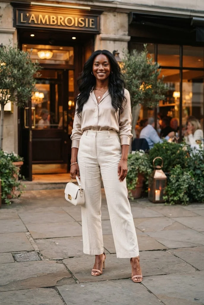 Cream linen trousers styled with a champagne blouse, heeled sandals, and a small clutch.