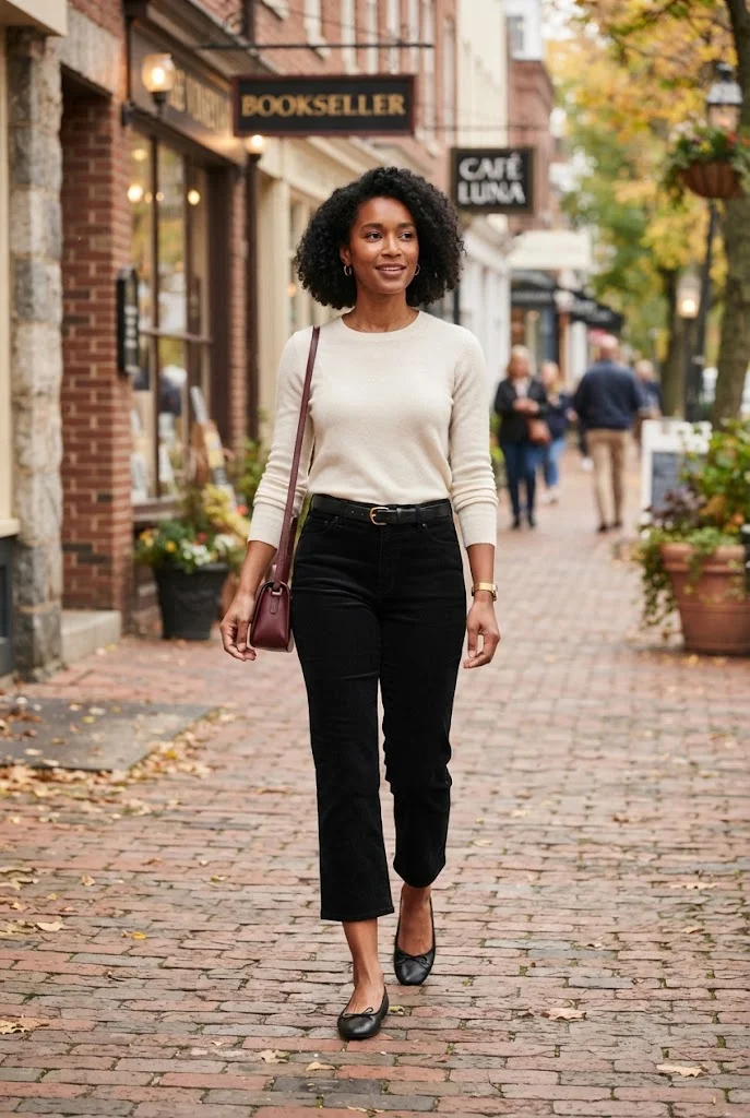 Cropped black corduroy pants with an ivory top and black ballet flats.