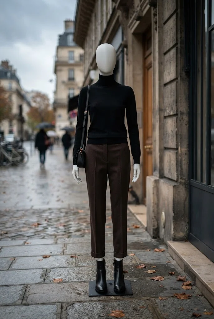 Dark brown tailored trousers and a black turtleneck paired with black ankle boots.