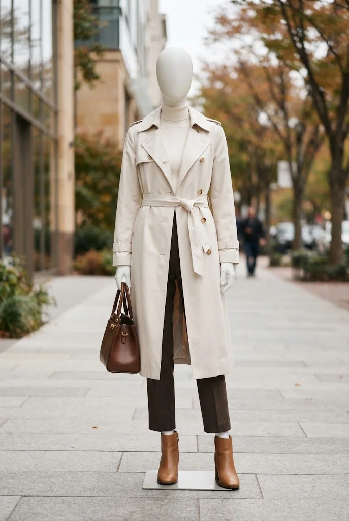 Dark brown trousers styled with an ivory knit top, cream trench coat, and tan ankle boots.
