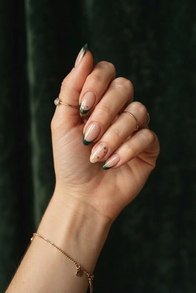 Deep forest-green French tips with subtle Halloween star accents.