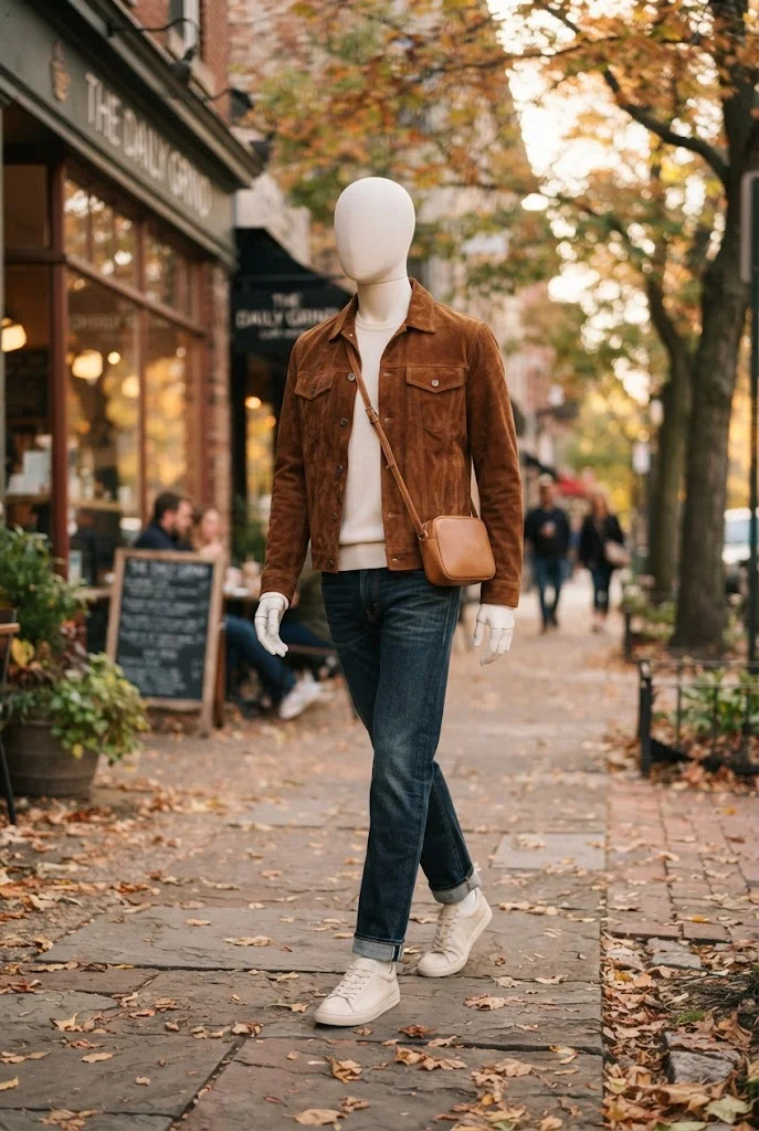 Faceless mannequin in a tobacco suede jacket, ivory sweater, dark jeans, and cream sneakers.