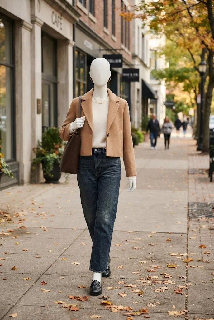 Faceless mannequin in dark relaxed denim, an ivory sweater, camel jacket, and black loafers.