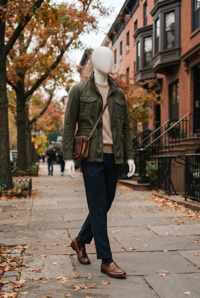 Faceless mannequin styled in an olive utility jacket, beige sweater, navy trousers, and loafers.