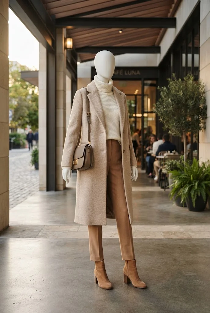 Faceless mannequin styled in layered ivory, camel, beige, and taupe fall pieces.