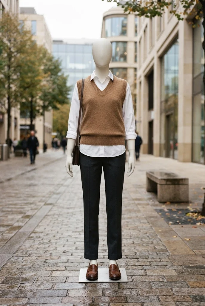 Faceless mannequin wearing a camel sweater vest over a white button-down with tailored trousers.