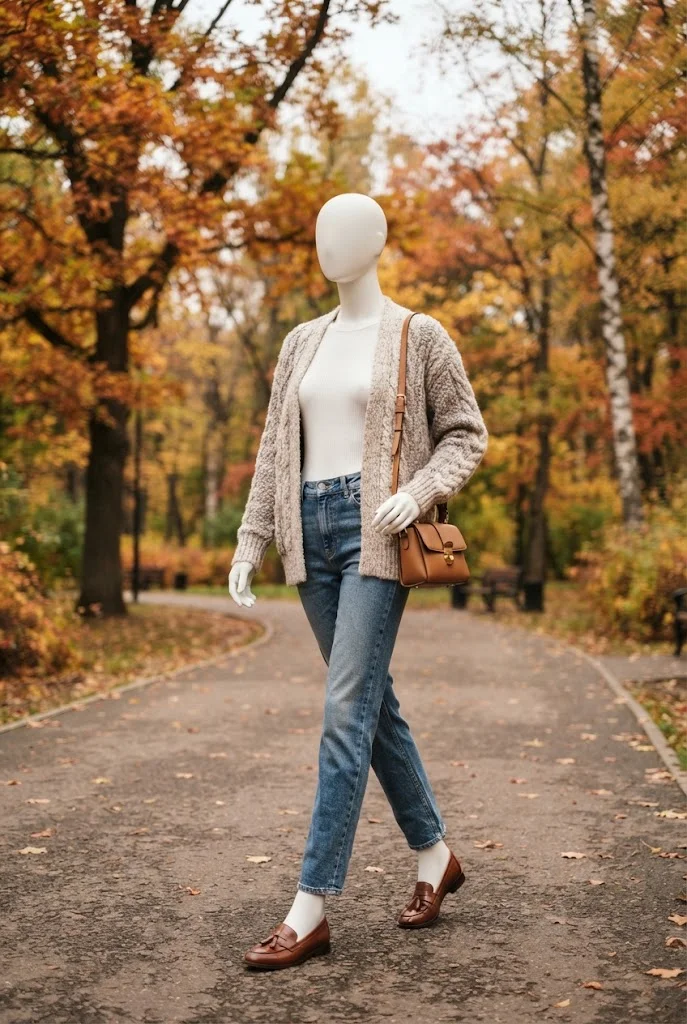 Faceless mannequin wearing a chunky neutral cardigan with straight-leg jeans and brown loafers.