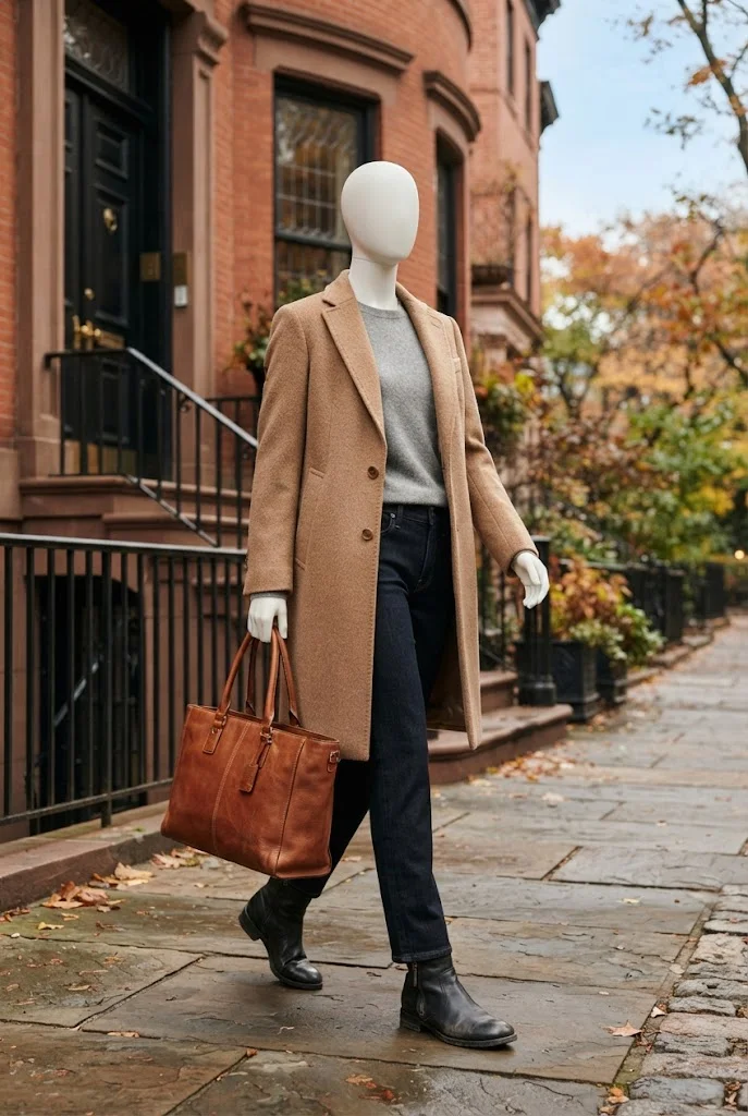 Faceless mannequin wearing a long camel wool coat, gray sweater, dark jeans, and ankle boots.