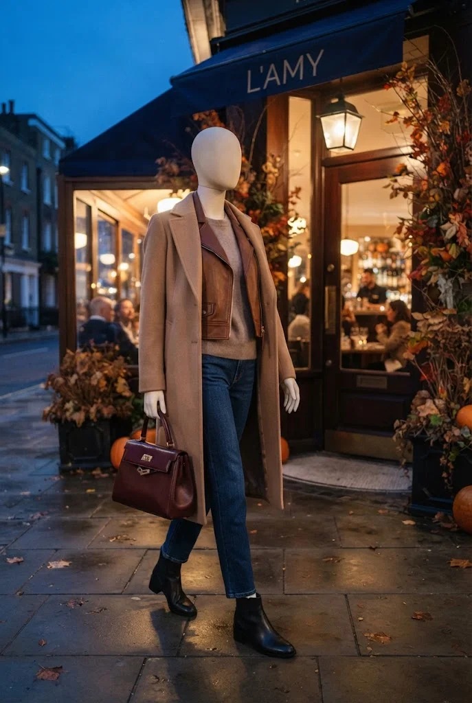 Faceless mannequin wearing layered taupe and camel outerwear with a burgundy statement handbag.