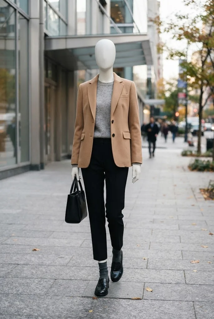 Faceless mannequin wearing polished loafers with charcoal socks, tailored trousers, and a camel blazer.