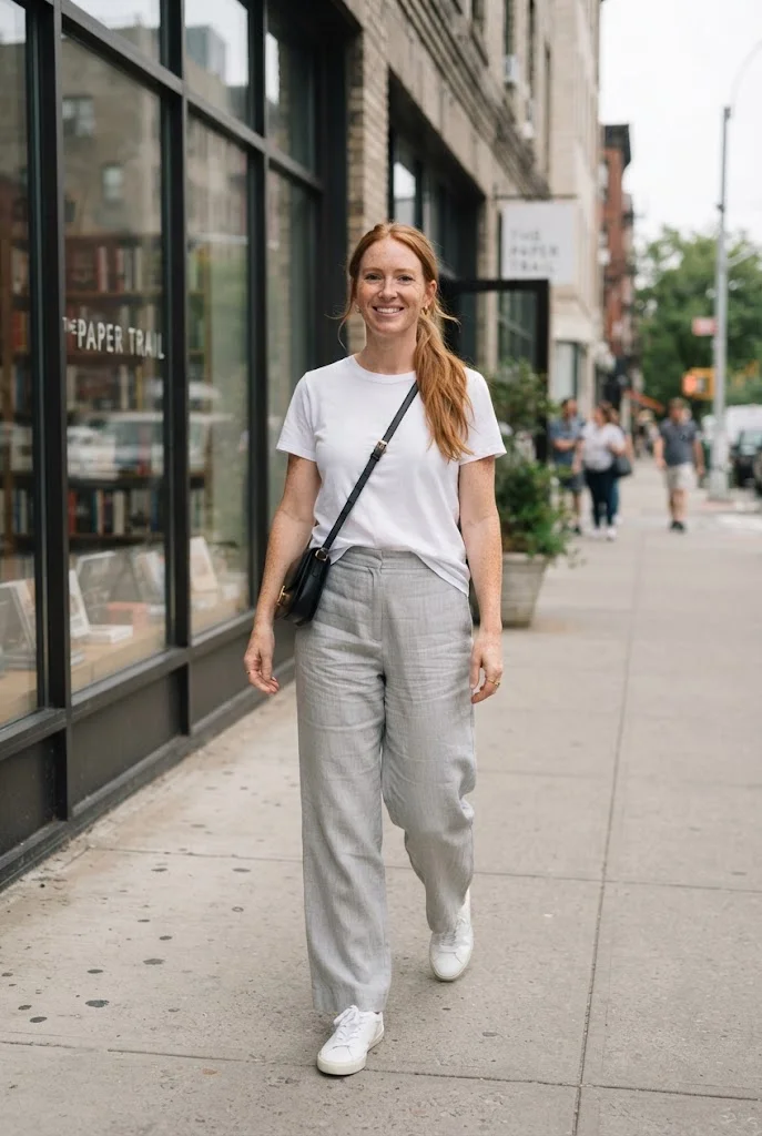 Light-gray linen trousers paired with a white T-shirt and white sneakers.