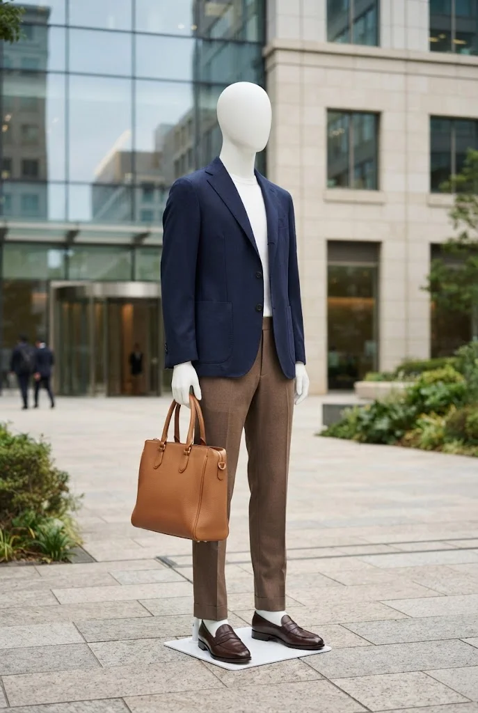 Medium-brown tailored trousers styled with a navy blazer, white top, and brown loafers.