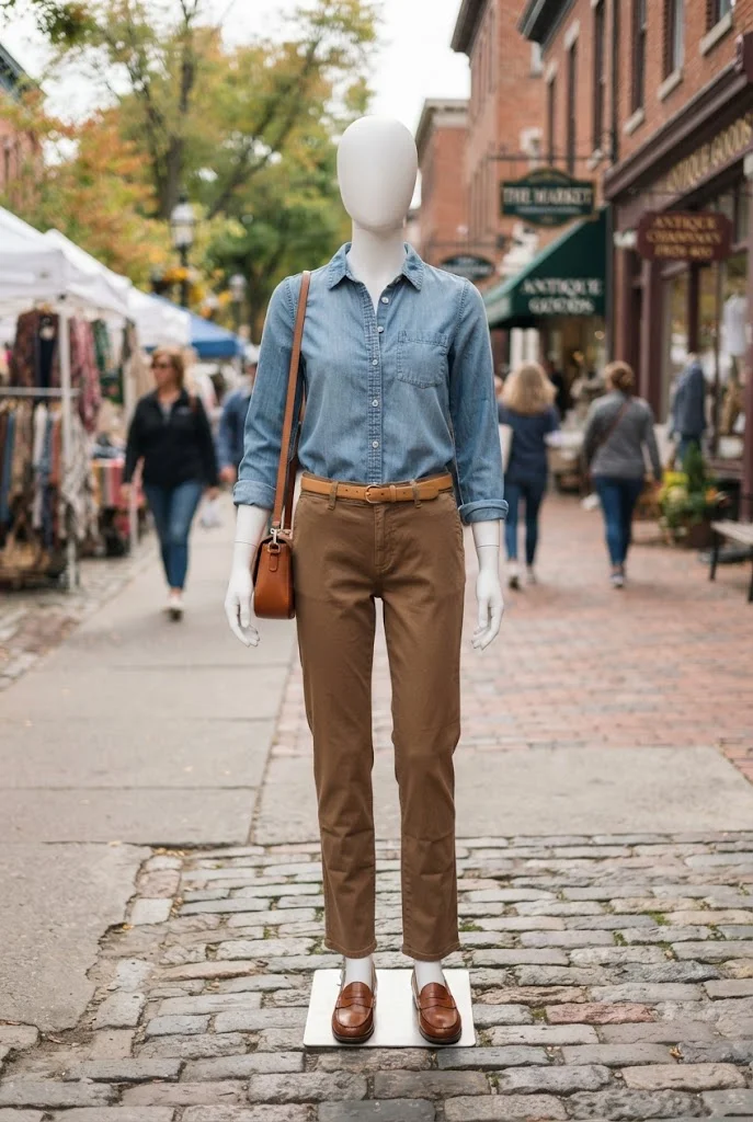 Medium-brown trousers with a light-blue denim shirt, tan belt, and brown loafers.