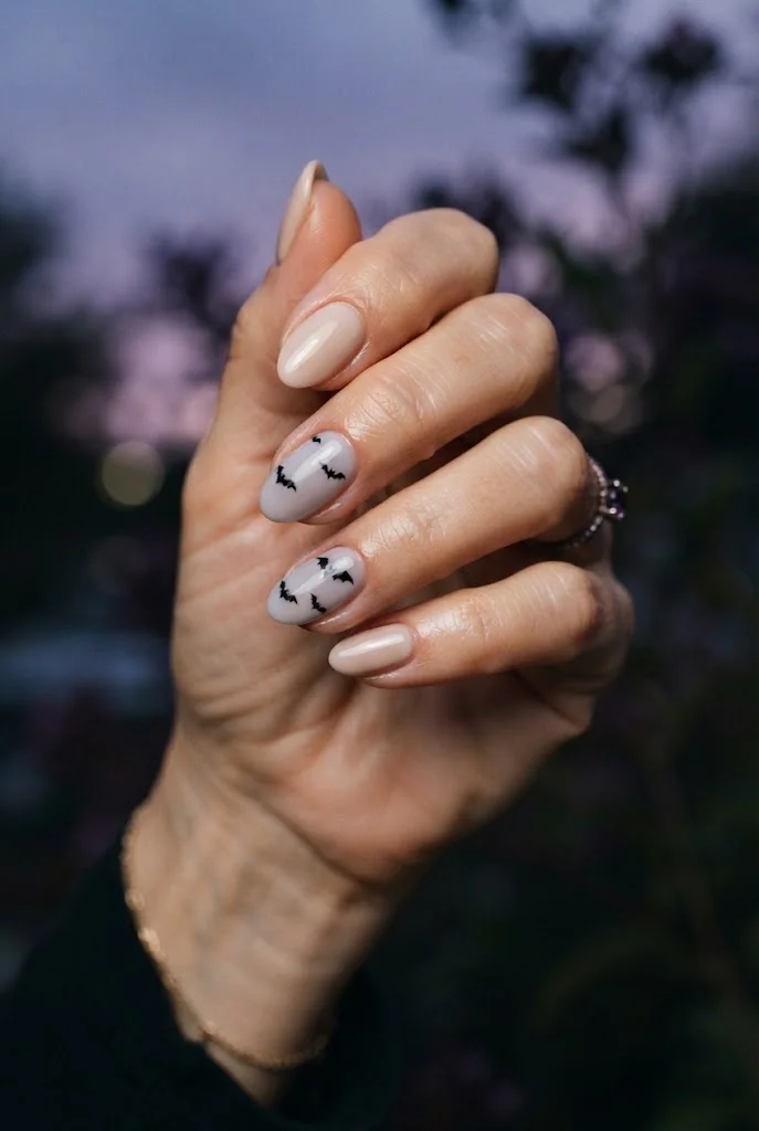 Minimal black bat silhouettes on soft lavender Halloween nails.