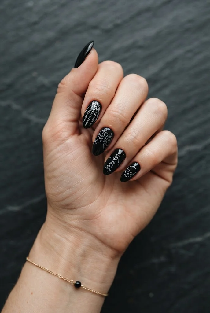 Minimalist black Halloween nails with white skeleton-inspired line art.