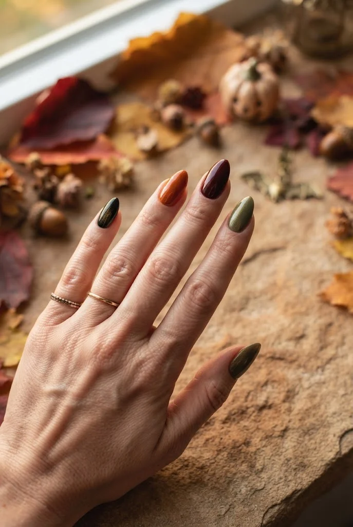 Moody autumn manicure combining burgundy, orange, brown, olive, and black.