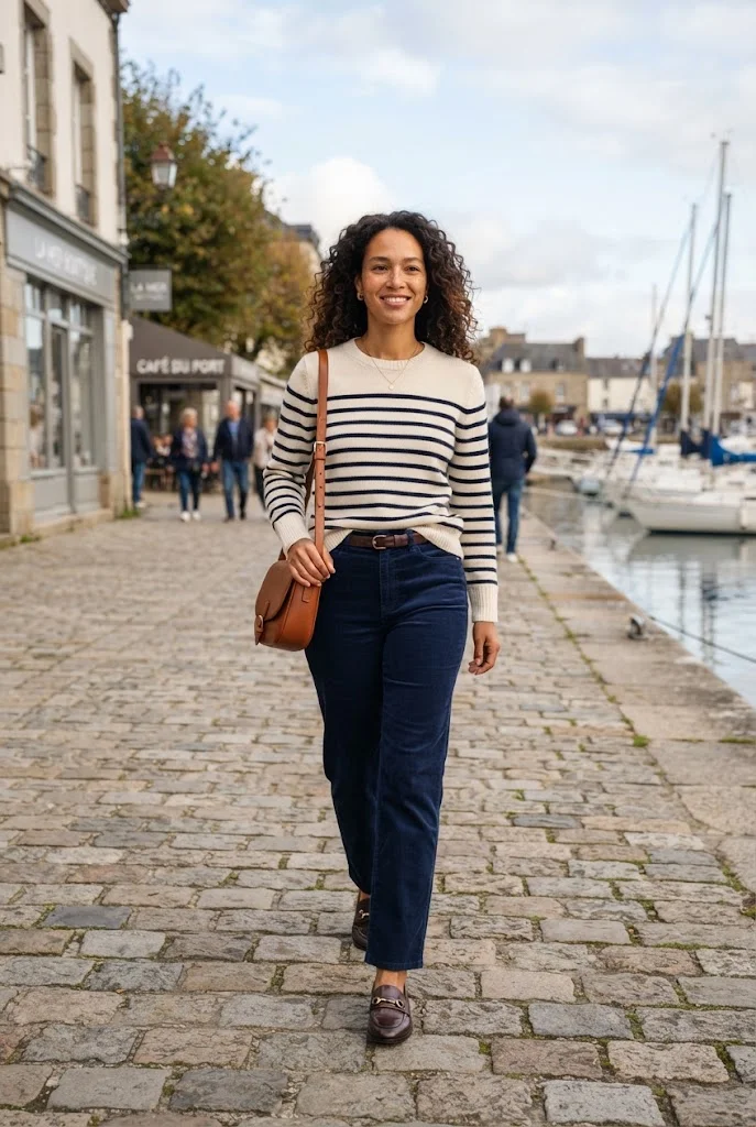  Navy corduroy trousers with a striped sweater and brown loafers.