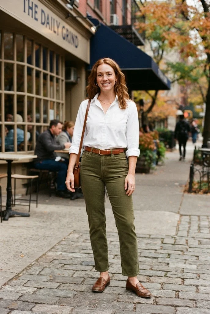 Olive corduroy pants paired with a white button-down shirt and brown loafers.