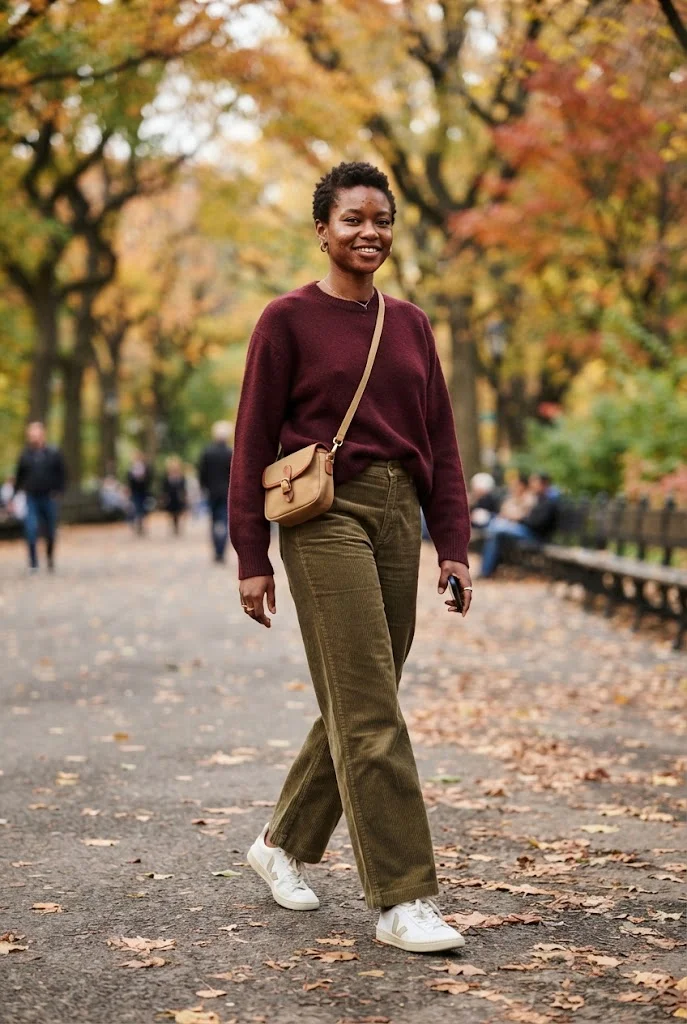 Olive corduroy pants with a burgundy sweater and white sneakers.