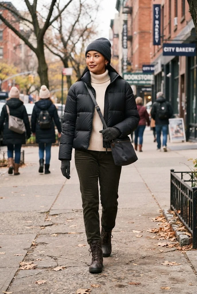 Olive corduroy pants with a cream turtleneck, black puffer jacket, and winter boots.