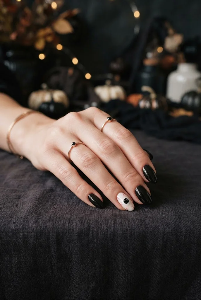 Playful Halloween eyeball accent nails with black and cream polish.