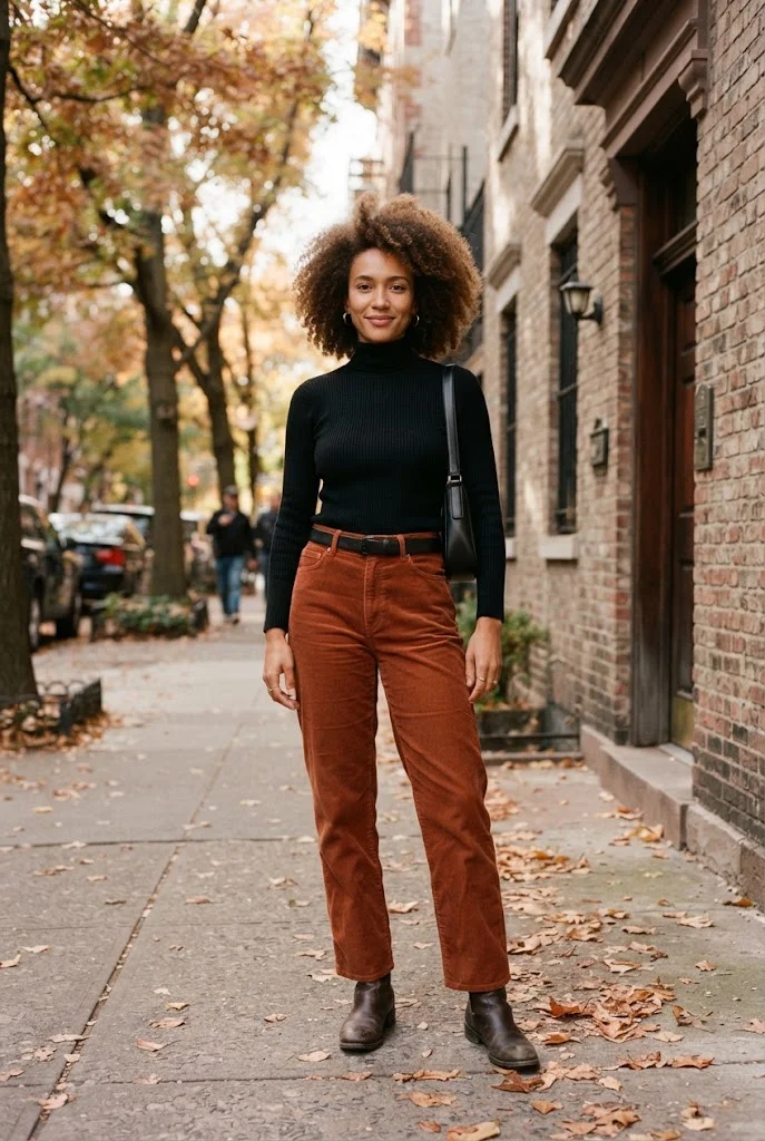 Rust corduroy pants styled with a black turtleneck and dark brown ankle boots.