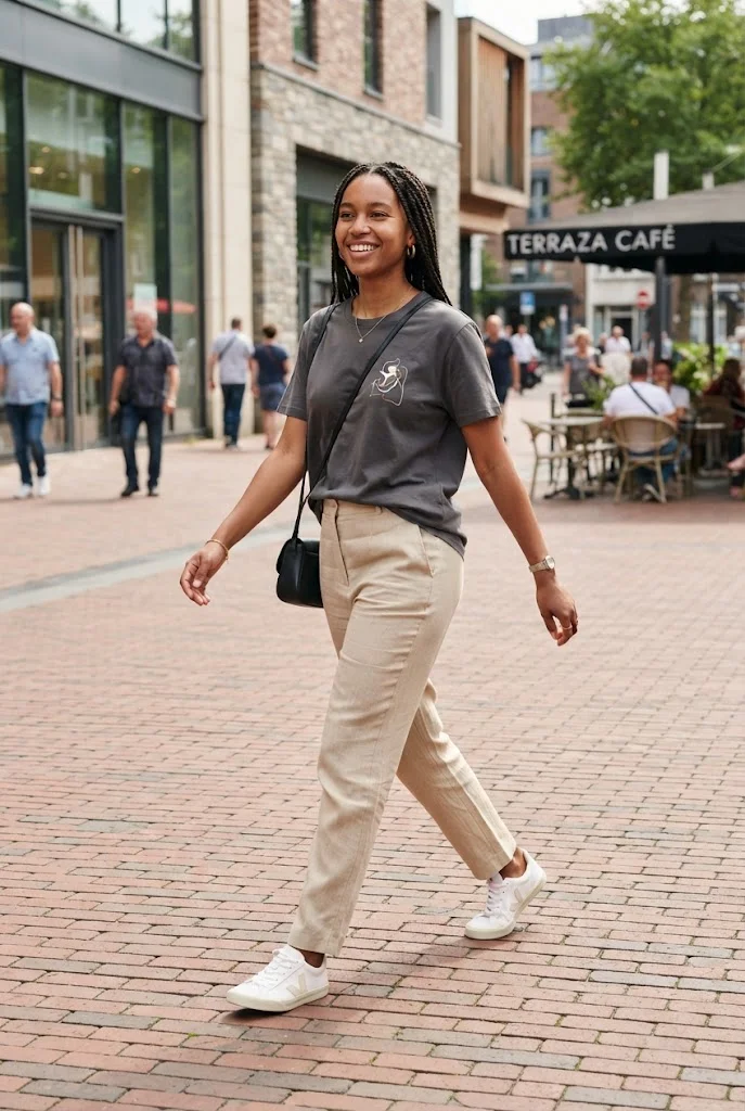 Sand linen trousers styled with a casual charcoal graphic T-shirt and canvas sneakers.