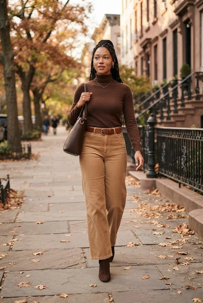  Tan corduroy trousers with a chocolate-brown sweater and suede ankle boots.