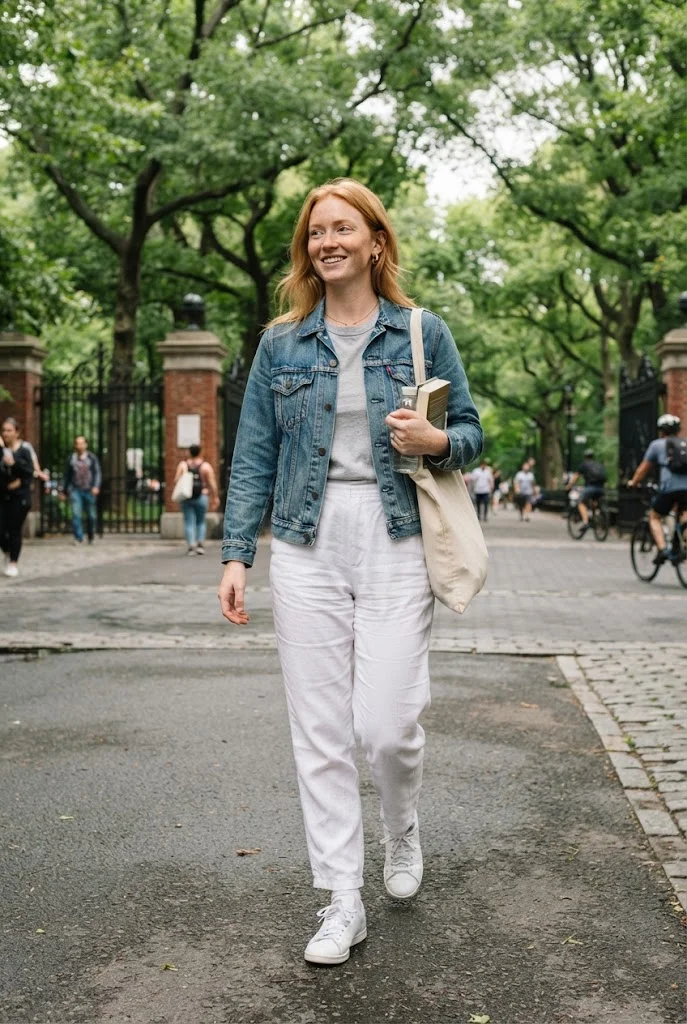 White linen trousers with a denim jacket, gray T-shirt, and white sneakers.