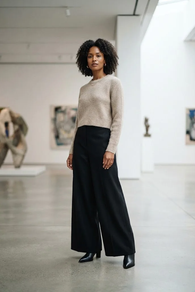 Wide-Leg Black Pants With a Cropped Sweater